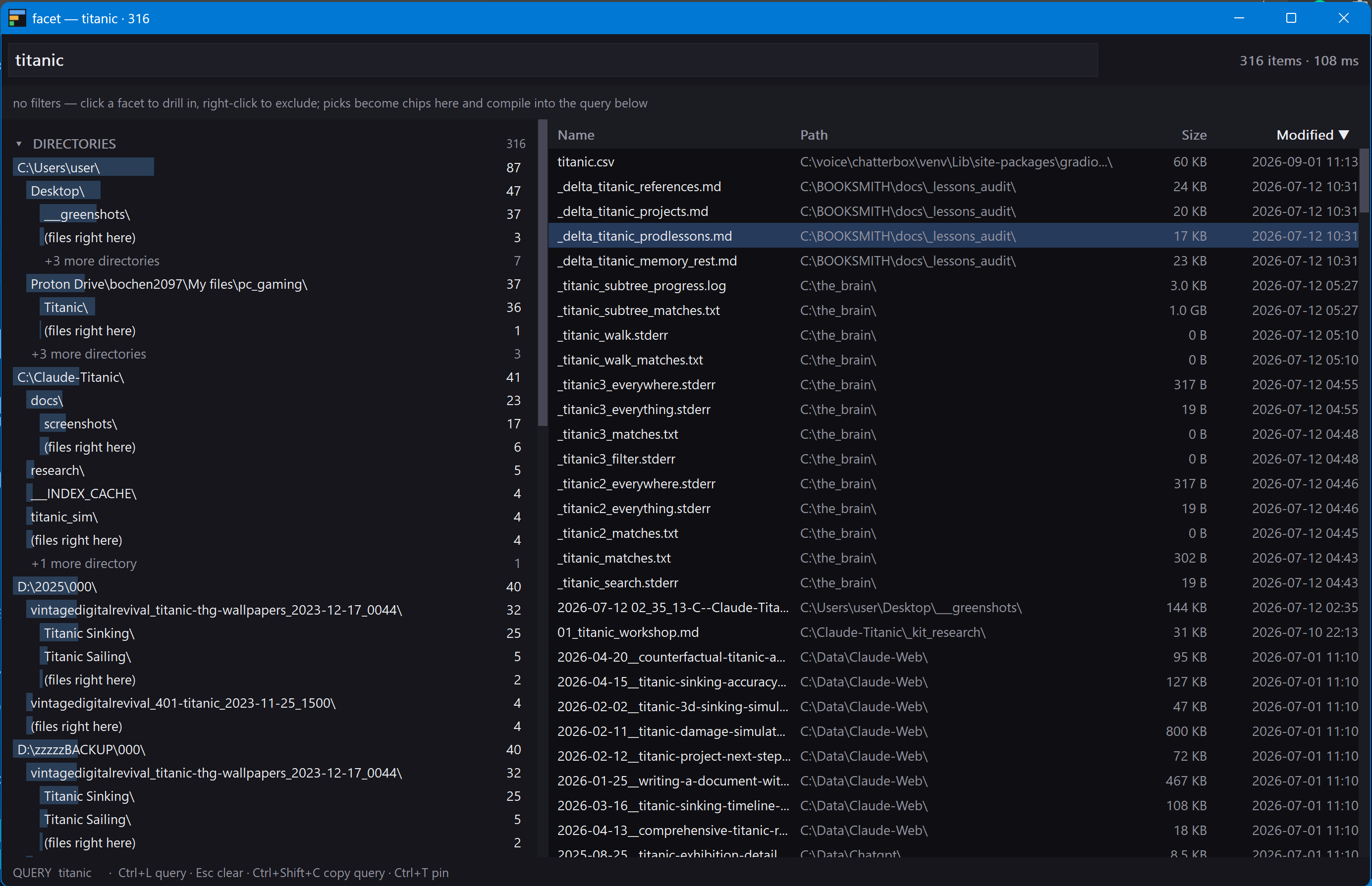 facet — faceted file search: 316 hits for 'titanic' in 108 ms; directory facet with counts on the left, results with path, size and modified on the right
