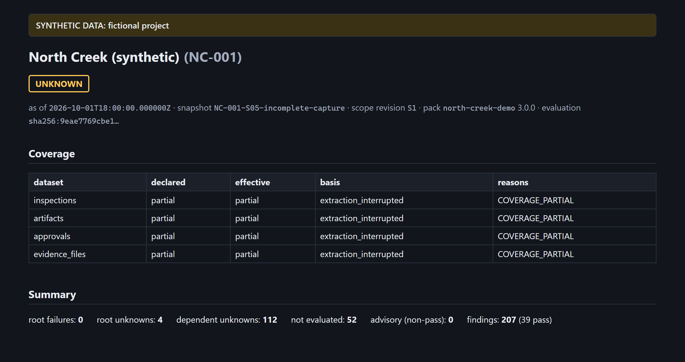 The report for scenario S05: status UNKNOWN. All four datasets are partial with the basis extraction_interrupted; the summary reads 0 root failures, 4 root unknowns, 112 dependent unknowns and 52 not evaluated.